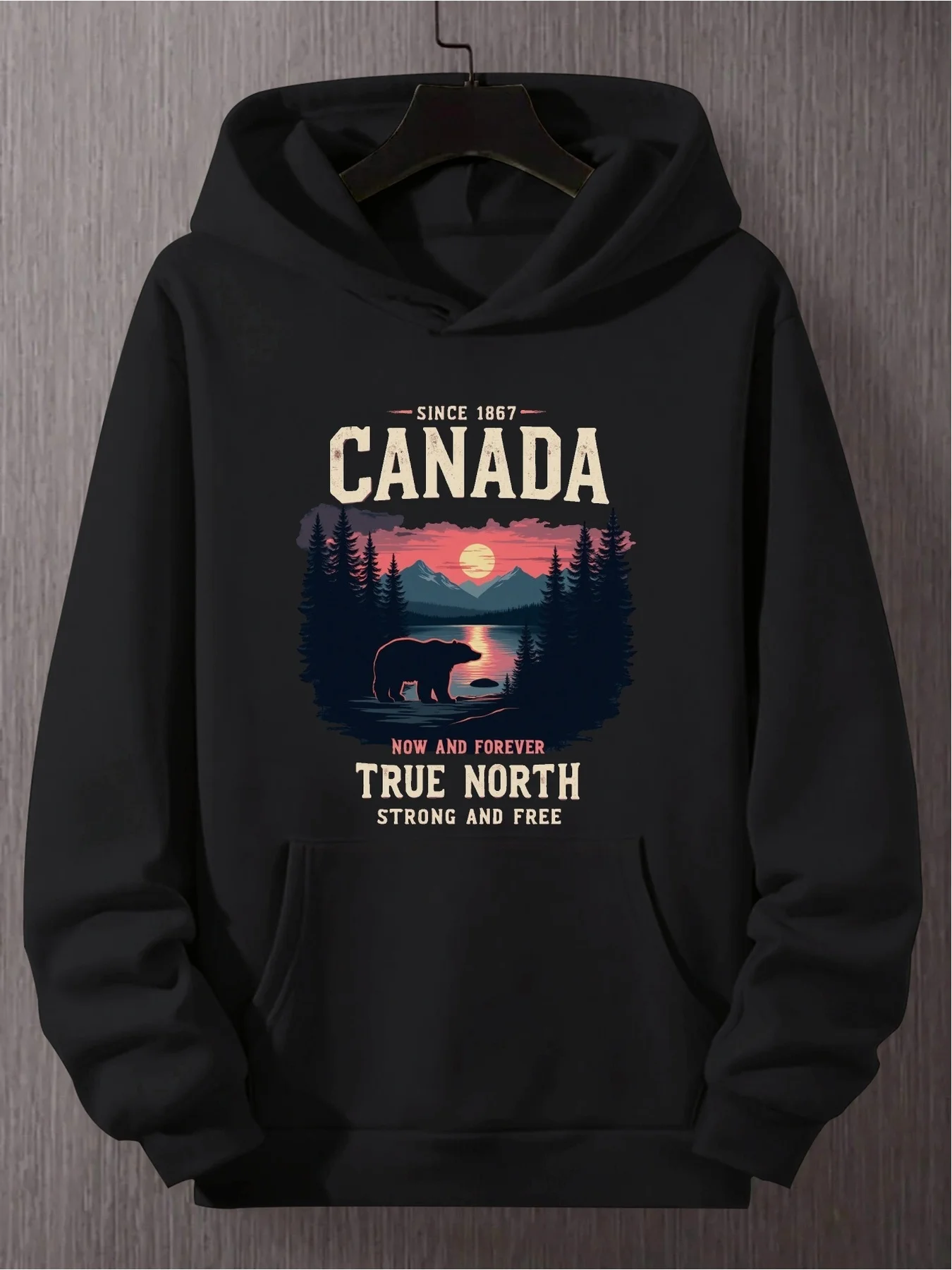 Men's Hooded Sweatshirt with Canadian Bear Pattern, Symbolizing Strength and Freedom, Machine Washable, Paired with Hoodie