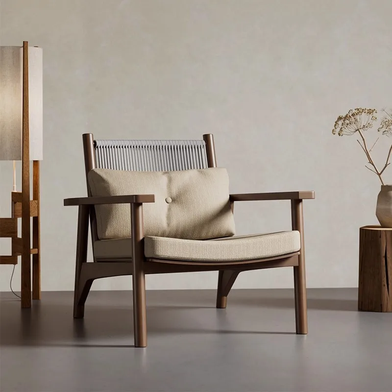 

Medieval retro single sofa chair Solid wood homestay balcony single chair Living room reception leisure chair