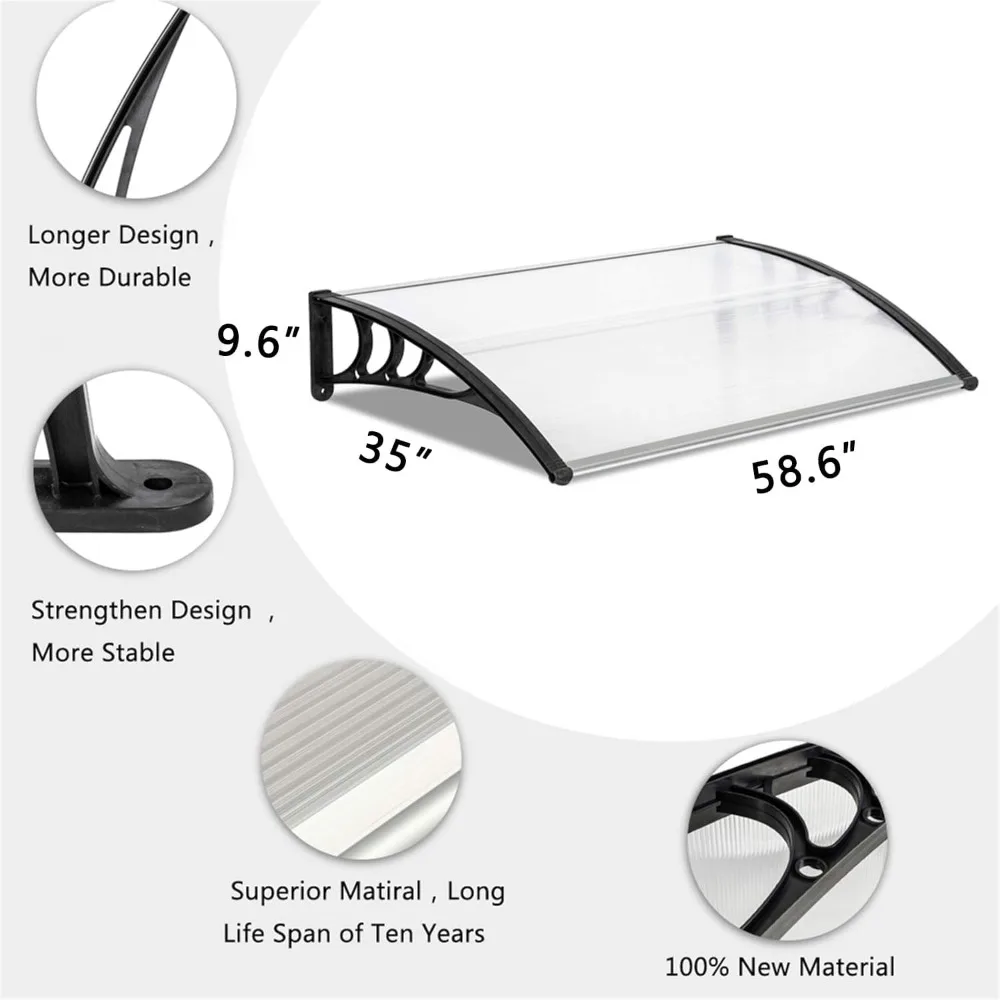 Toldo de janela de 116 polegadas / 78 polegadas / 39 polegadas ao ar livre de policarbonato folha oca porta pátio dossel (dossel prateado + suporte preto,