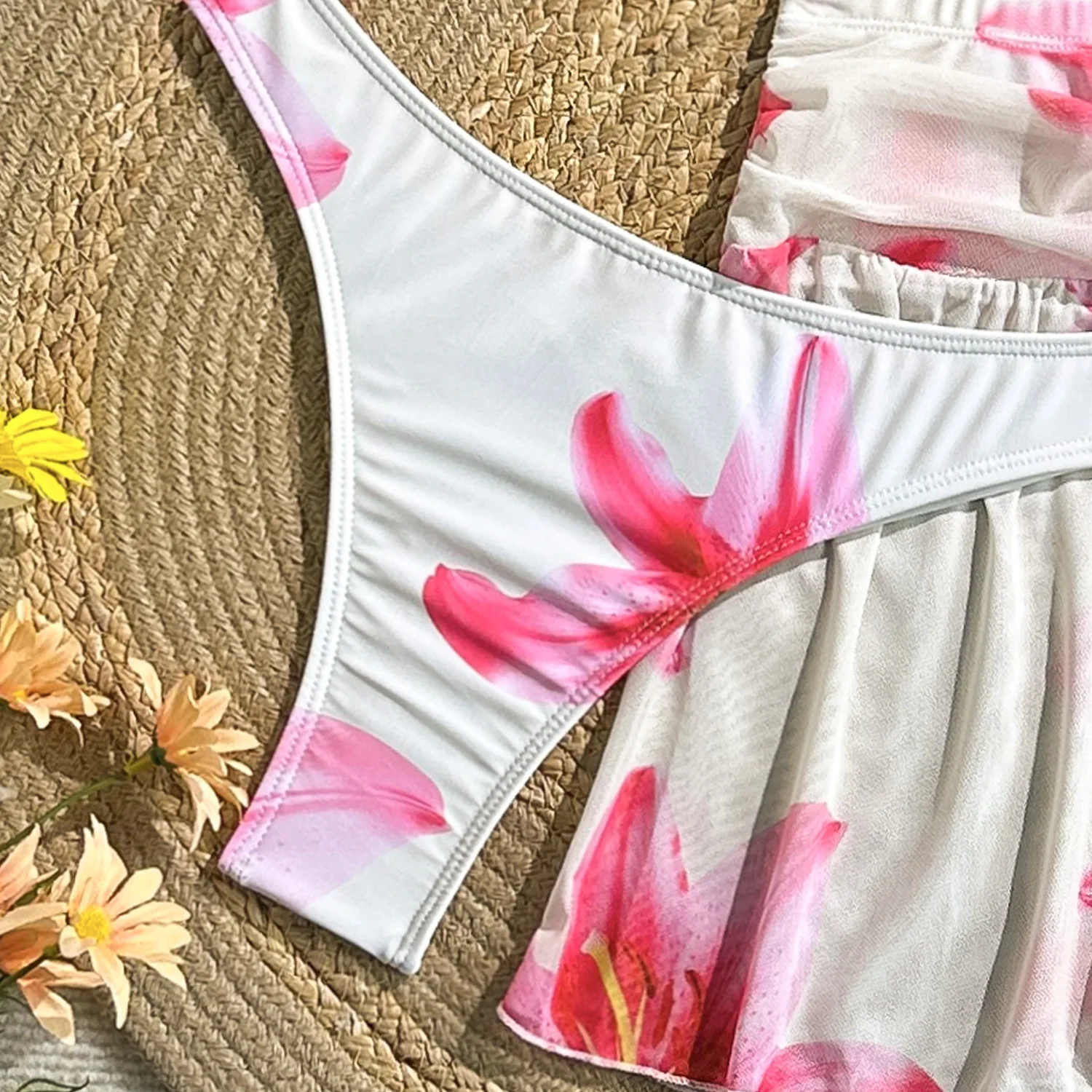 Sexy fleur imprimé bikinis ensembles 3 pièces avec maille fendue mini jupe maillots de bain maillot de bain tenues de plage maillots de bain biquini tankini