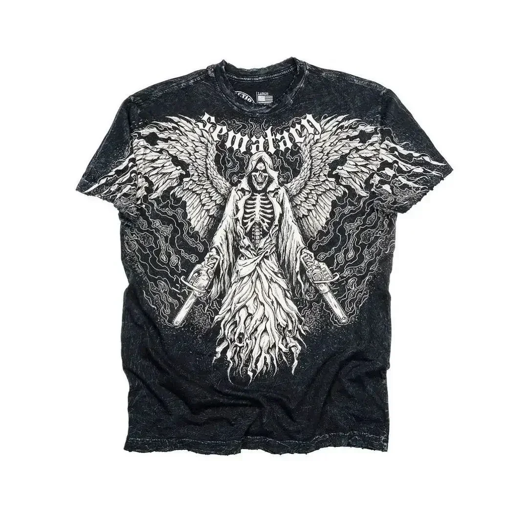 Y2K Affliction Style Streetwear T-Shirt Gothic Skull Cross Print Trendige Grafik-T-Shirts