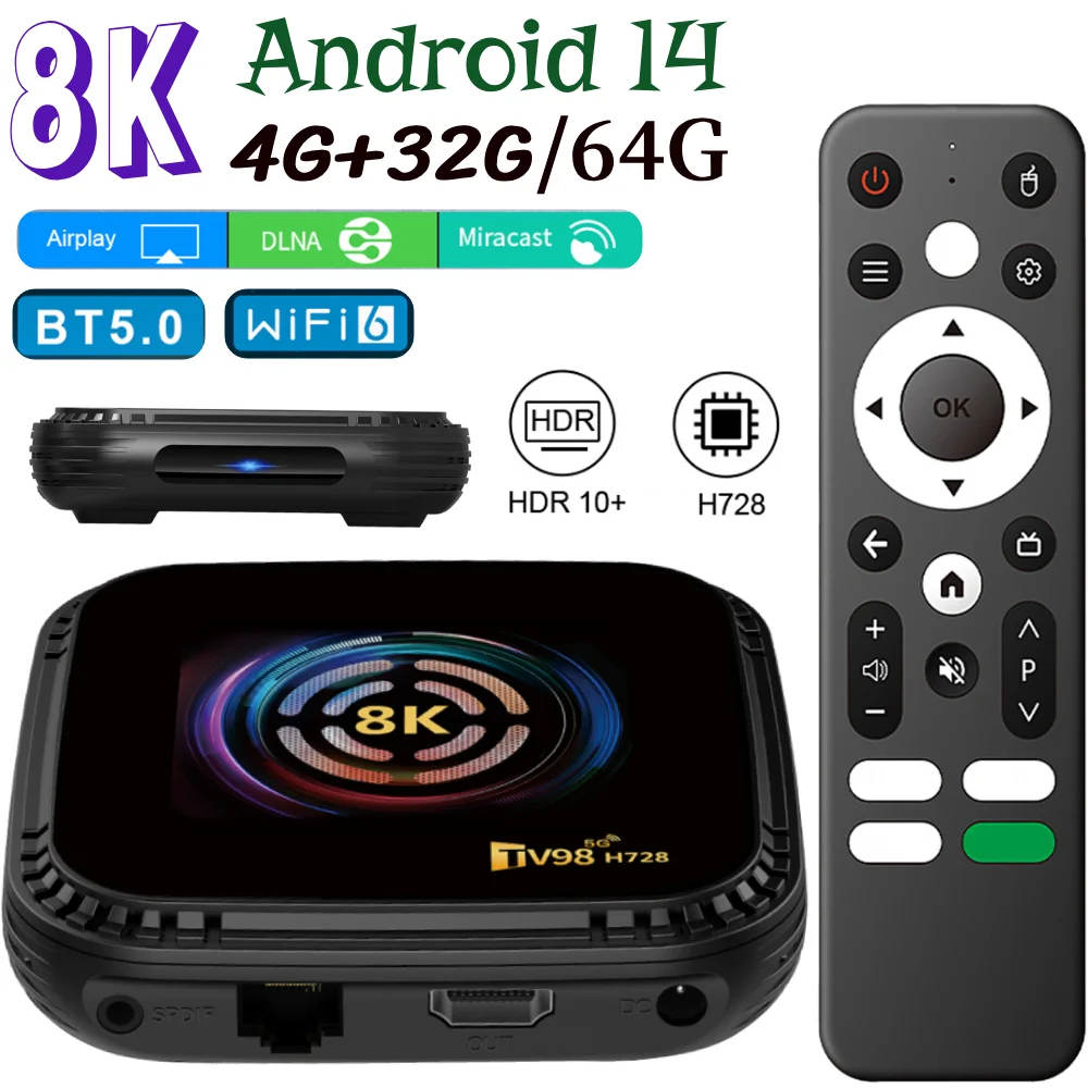 

Android 14 Smart TV Box 4G 32G/64G Media Player 8K HD Set Top Box with Remote Android Box Dual-Band Wi-Fi H728 Octa-Core BT5.0
