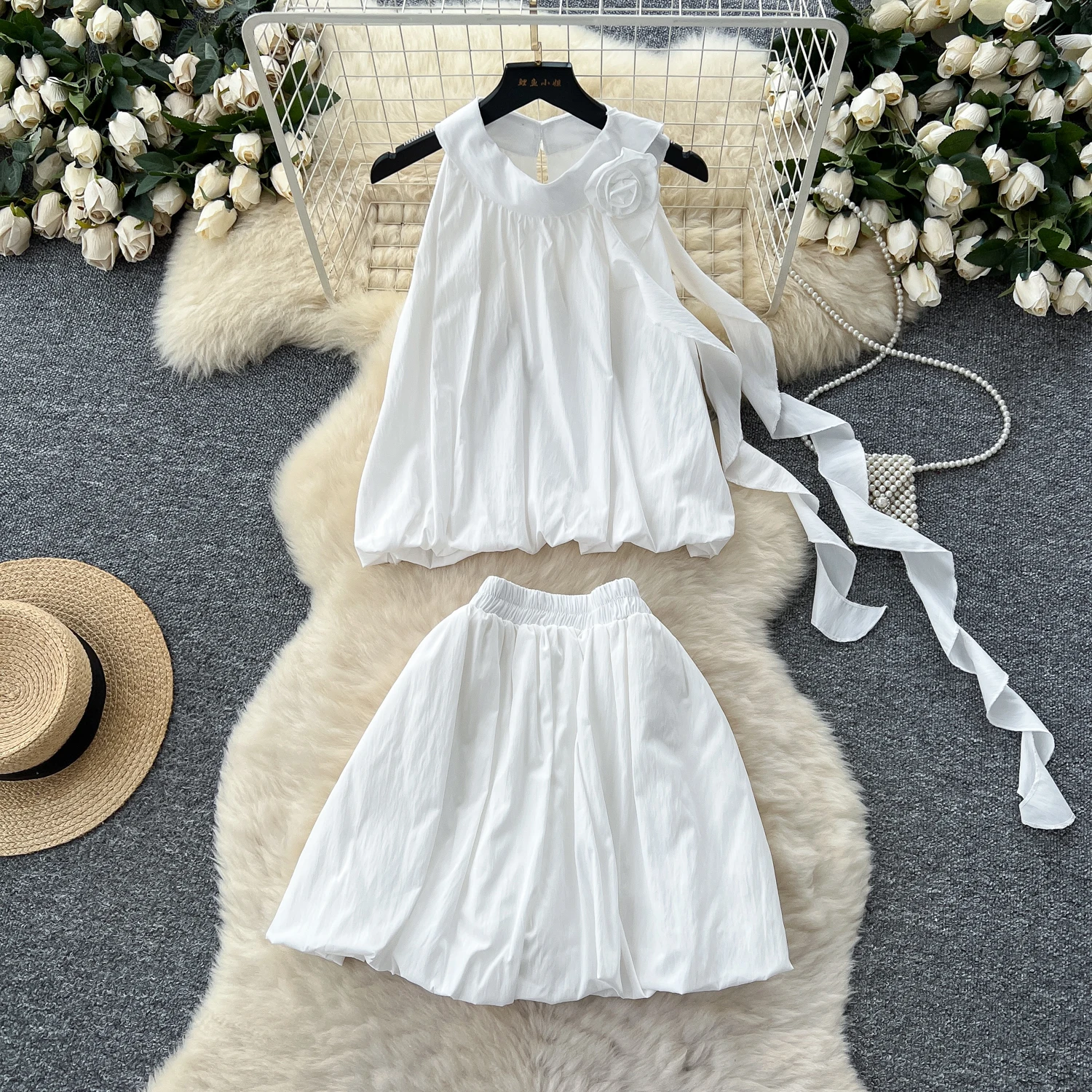 

Women's Summer Outfit French Three-dimensional Flower Hanging Neck Sleeveless Ribbon Top+high Waisted Floral A-line Skirt