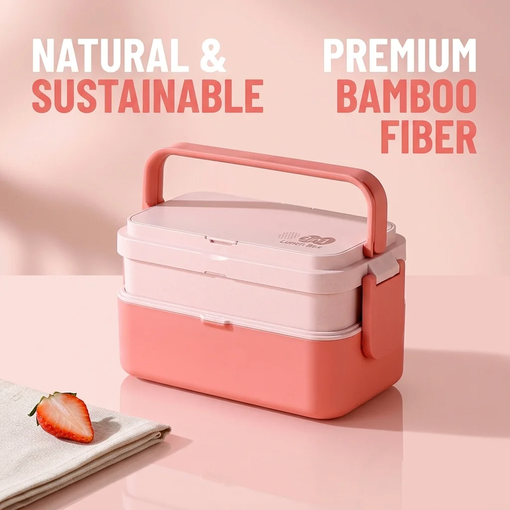 Portable Lunch Box Bamboo Fiber 3in1 Double Layer Bento BOX Microwave Spoon Fork Women Girl School Kids Picnic Bento Box