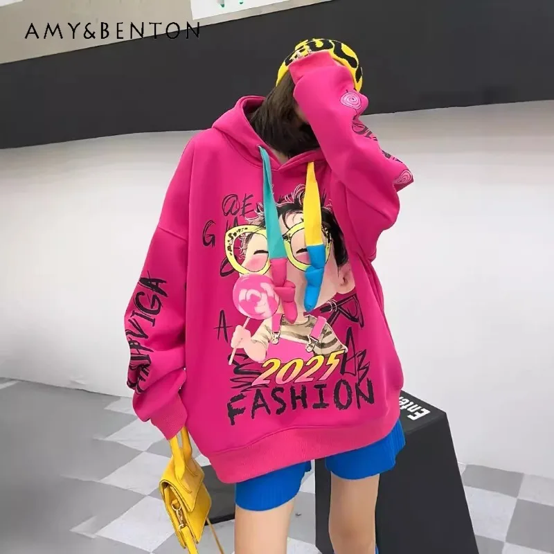 

Fashion American Style Heavy Industry Graffiti Oversized Fleece Thickened Hooded Sweatshirt Women's Medium And Long Loose Hoodie