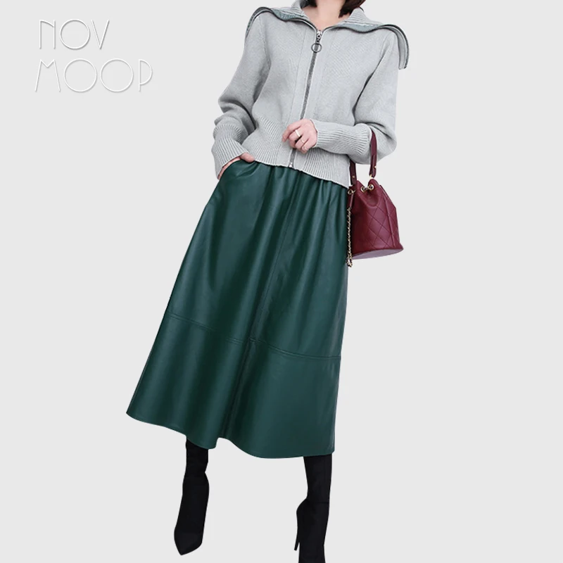 

Novmoop women genuine leather skirt elastic waistband graceful green black color french simple chic style LT3561