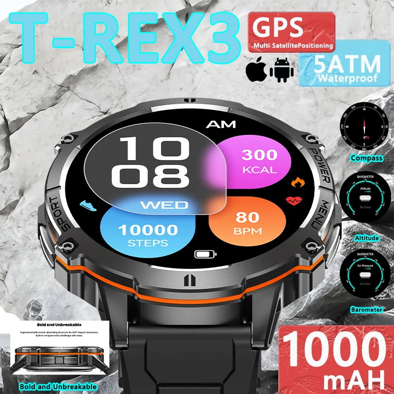 

2025 Adventure GPS Ultimate Military Edition SmartWatch AMOLED 10ATM Waterproof 1000Mah Bluetooth Call Clock Man T-Rex 3 Watche