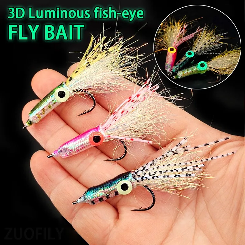 3pcs Colorful Squid Biomimetic Bait Sea Fly Bait Fishing Lure Set 60mm/1.3g Hairy Hook Bait Beard Luminous Big Eyes Barbed Hook