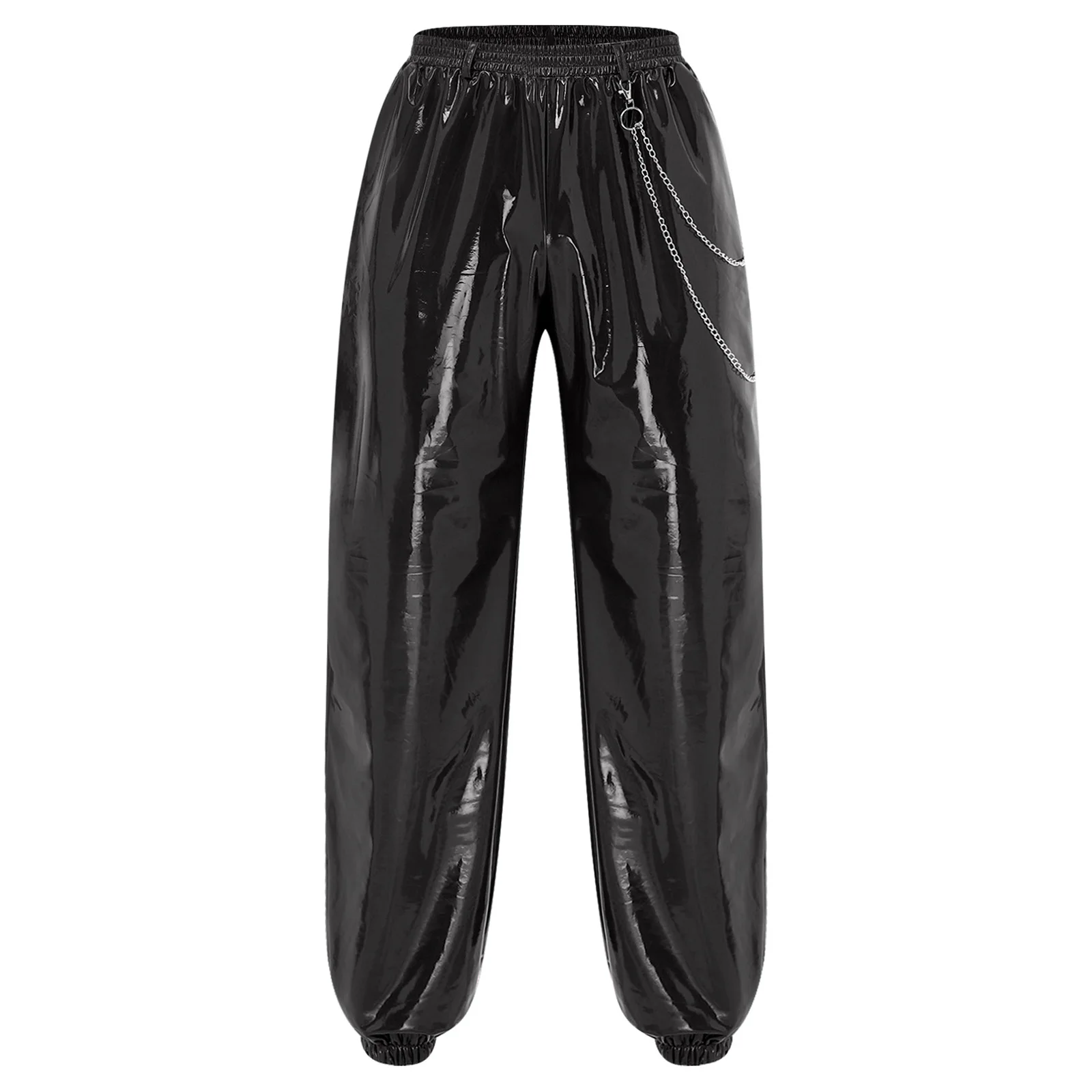 Mens Glossy PU Leather Loose Jogger Trousers with Waist Chain Baggy Joggers Trousers Punk Pants with Side Pockets Rave Clubwear view 3