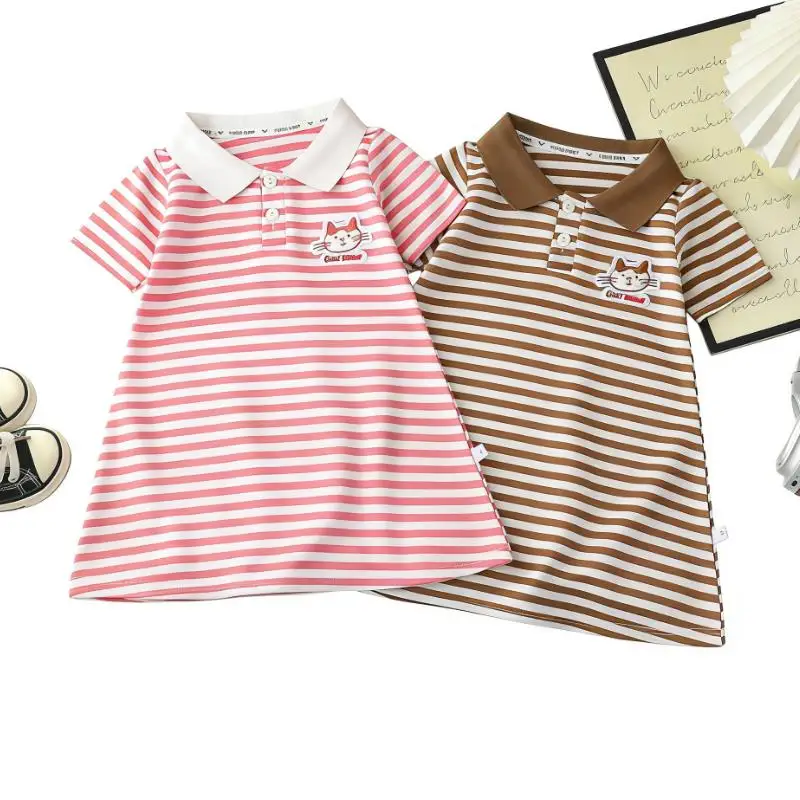 2026 new children's Korean version dress, girls' summer casual cartoon striped short sleeved lapel princess dress