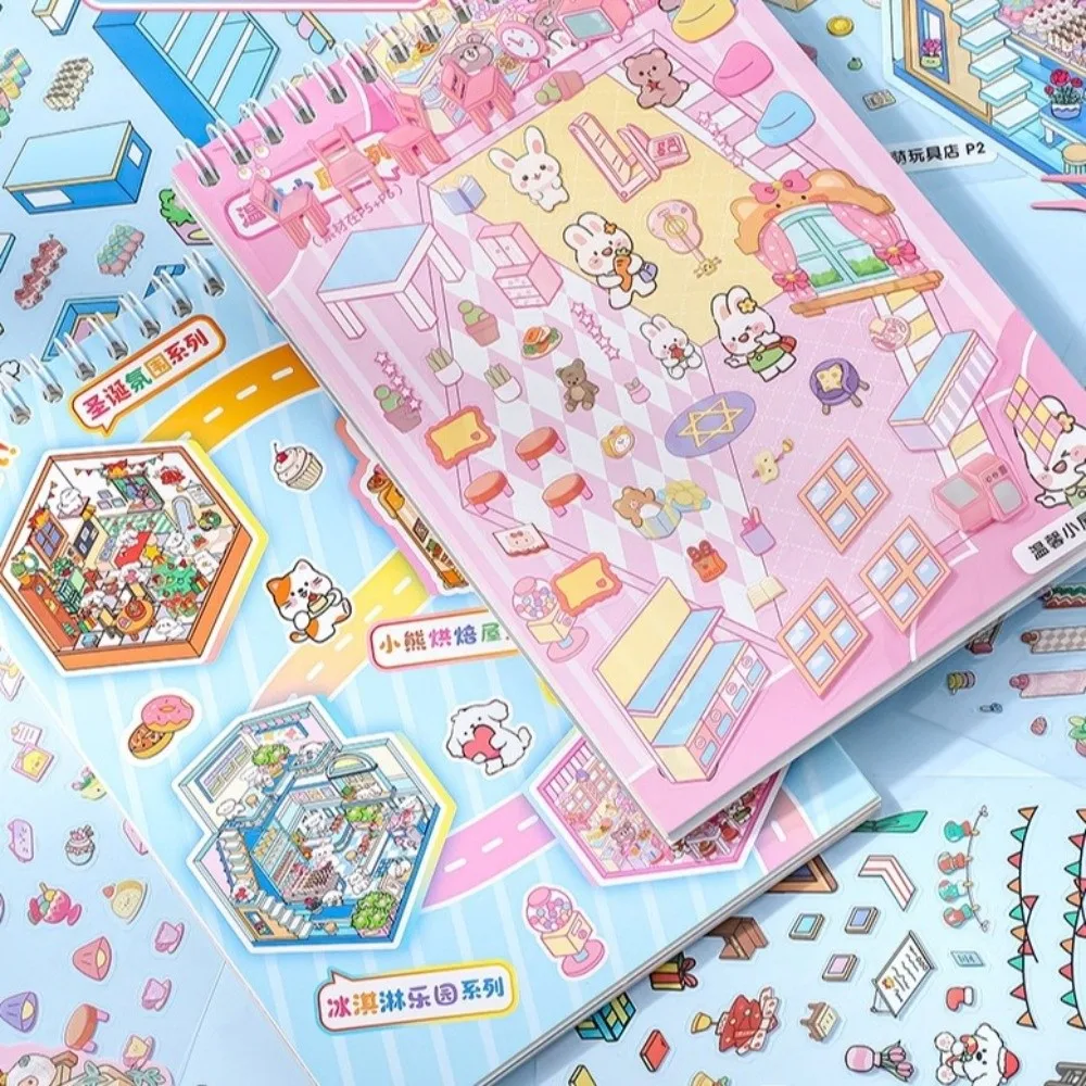 Creative Cartoon 3D Landscape Sticker Book PET DIY Cabin Scene Pocket Sticker Miniature House Sticker Cabin Scene for Kid