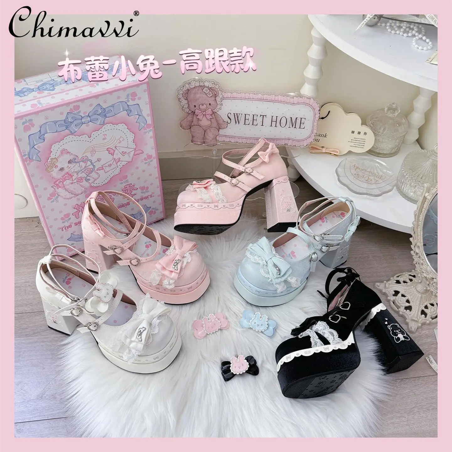 

Original Waterproof Platform High Heels Cute Bowknot Single Shoes Sweet Girl Lace Elegant Princess Lolita High Heel Pumps