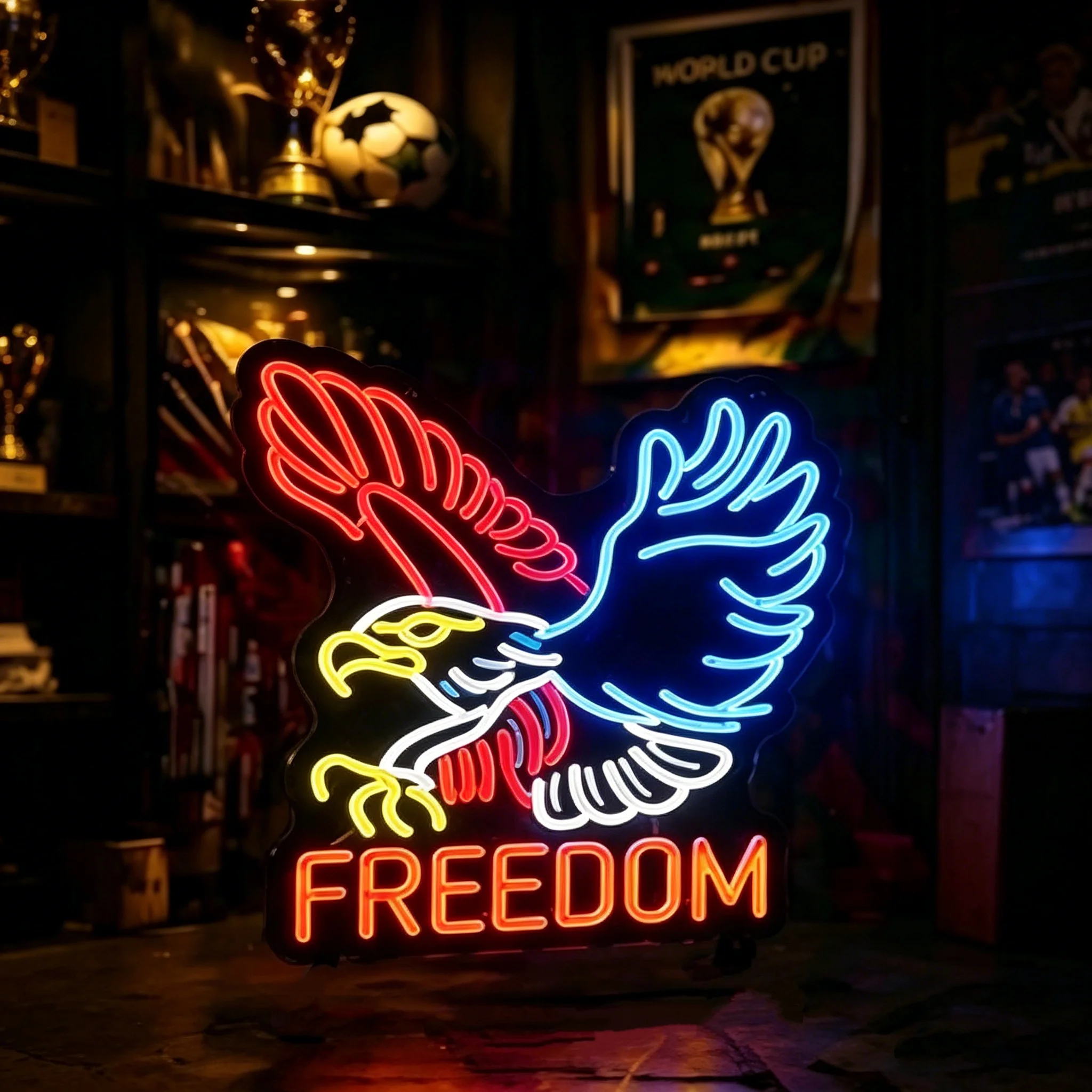 A neon sign featuring a soaring eagle; wall-mounted neon decoration, perfect for bedrooms, home offices, and parties