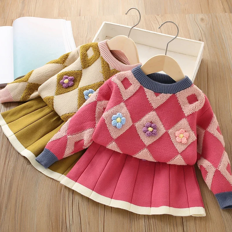 2026 New Spring 2-6Yrs Baby Girls Clothing Set Children Knitted Clothes Suit Long Sleeved Knitted Pullover Tops+Short Skirt
