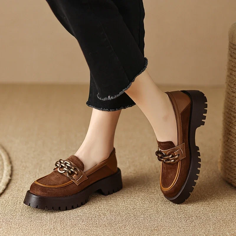 NEW Spring/Autumn Women Loafers Round Toe Chunky Heel Shoes Sheep Suede Shoes for Women Retro Metal Buckle Platform Women Shoes