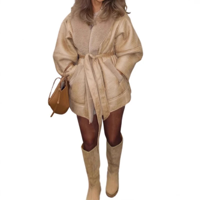 Fall/winter 2025 Waist Tie Coat Fur Integrated Temperament Warm Women's Jacket Coat