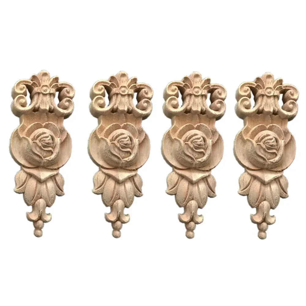 4Pcs Wood Carved Decal Mouldings Long Vertical Carved Rose Flower Pattern Corner Onlay Applique Frame Decoration 14x5.5cm