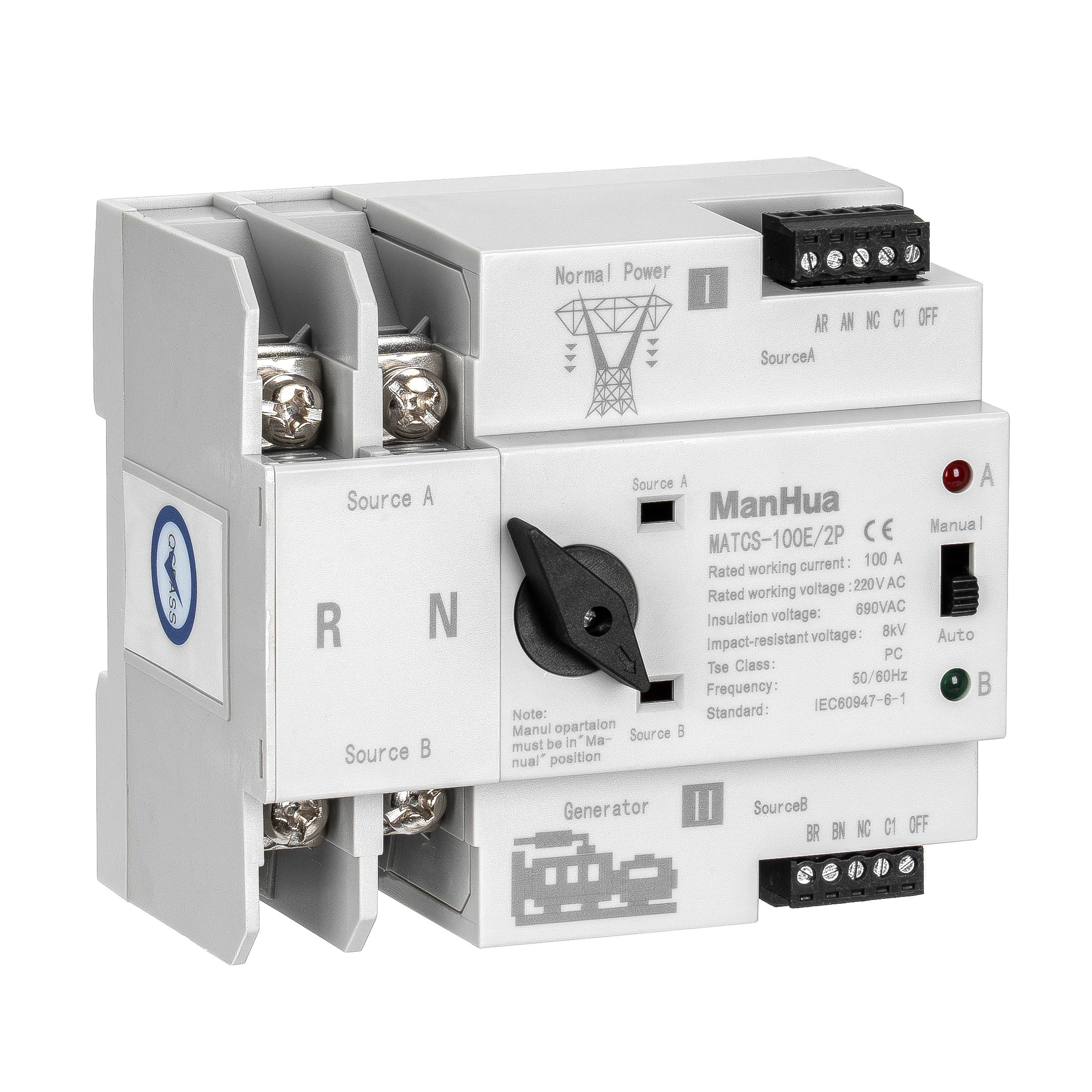 ManHua  MATCS-100E/2P  100A 220VAC  Dual Power  Automatic Transfer Switch PC Type Switch DIN-Rail Mounting  Black Handle