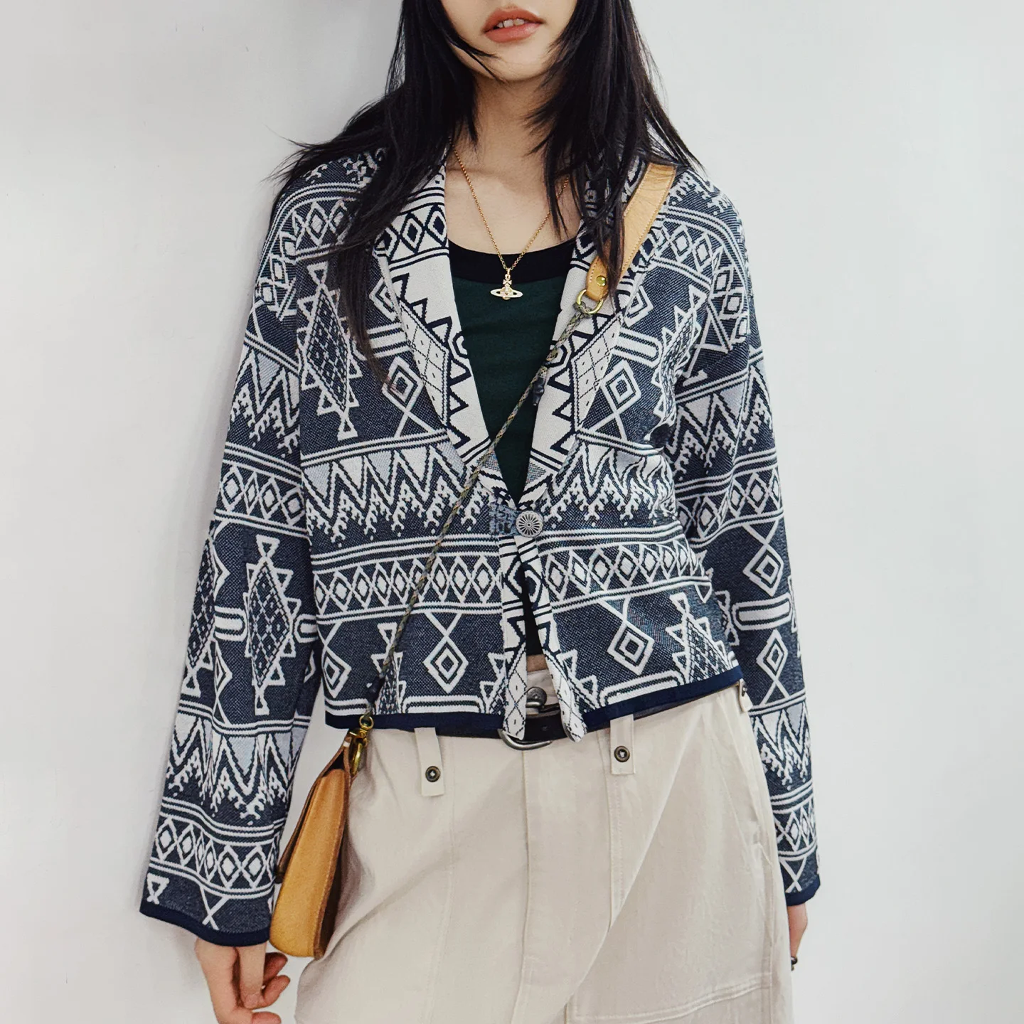 

Женский вязаный кардиган Maden в стиле навахо, винтажный свитер с пуговицами спереди, темно-синий жаккардовый свитер для повседневной носки весной