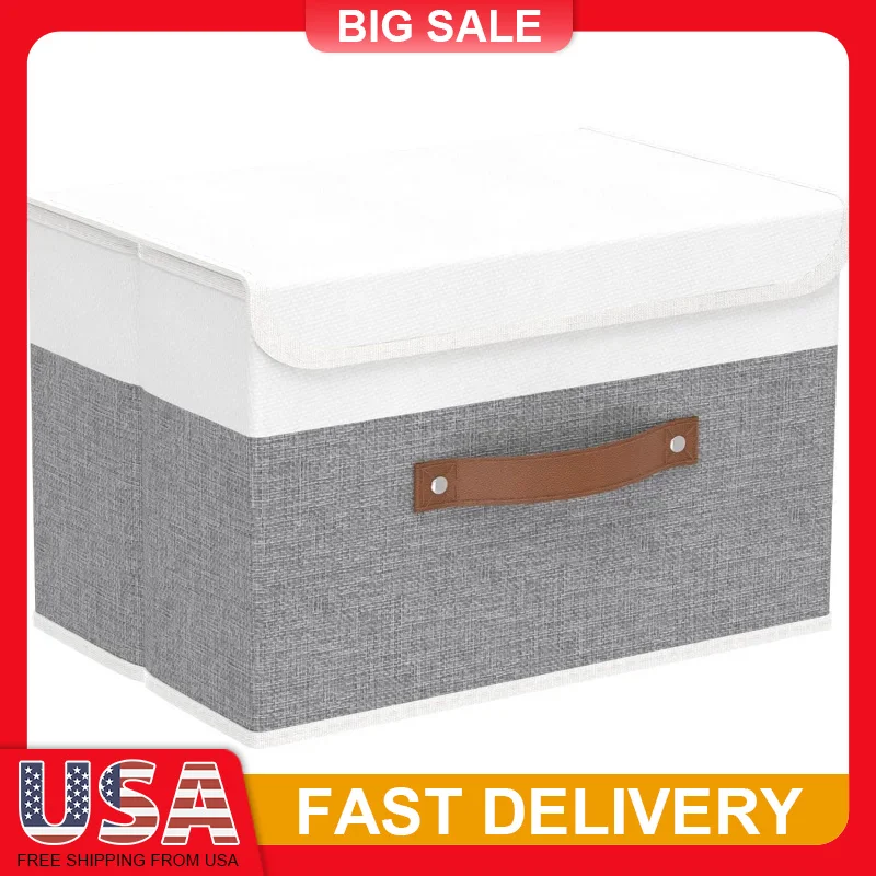 

1PC 15 Inch Linen Storage Box with Lid Foldable Washable for Closet Organization Fabric Bin Faux Leather Handle Space Savers