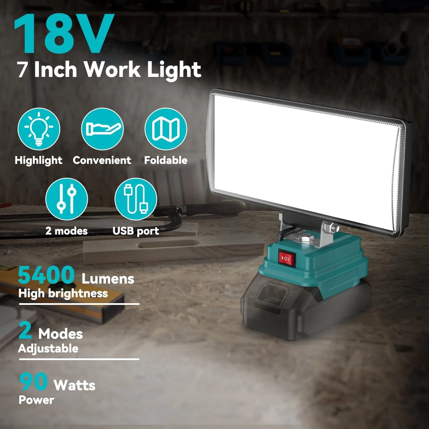 7インチコードレスledワークライト、マキタ18vバッテリー対応、5400ルーメン、usb充電ポート付き、作業、アウトドア、キャンプ用ポータブル懐中電灯