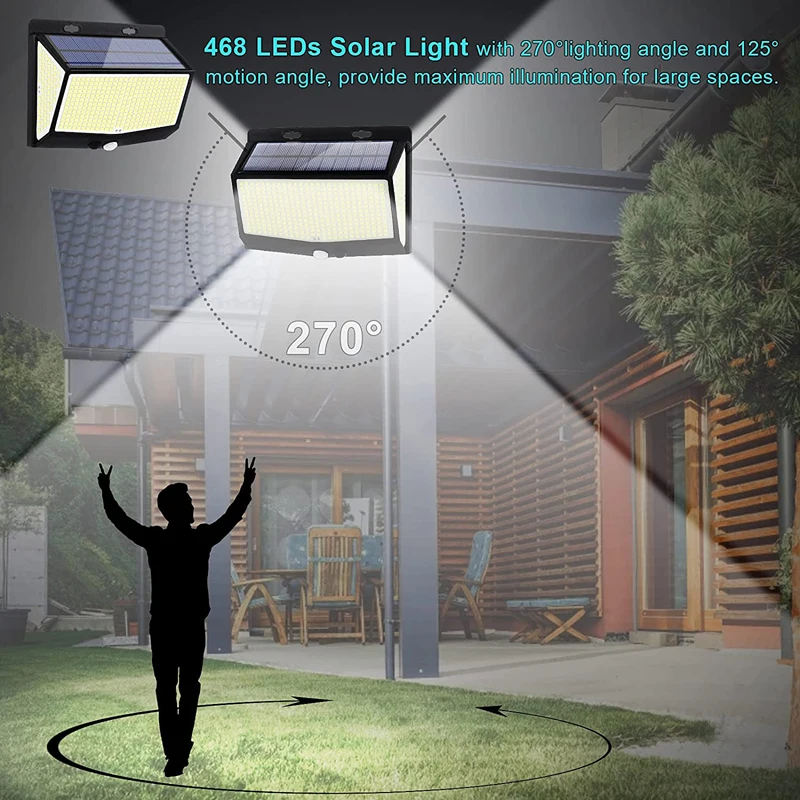 1-4Pcs Solar Exterior Wall Lights 468 LEDs Motion Sensor Wall Lamp with 3 Modes Outdoor Waterproof for Yard Garden Patio Garage