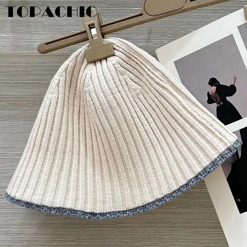 8.25 TOPACHIC-Women\'s Hand Beading Chain Decoration Caps Contrast Color Ribbed Wool Knit Wide Brim Dome Casual Bucket Hats