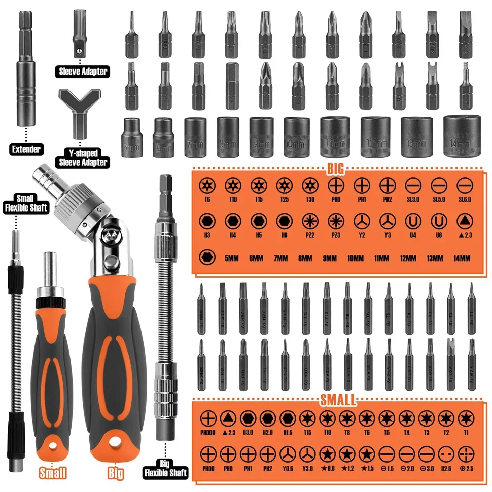 68 in 1 Ratcheting Screwdriver Set with Rotatable Ratchet Handle Magnetic Torx Phillips Drill Bit Socket Set Hand Repair Tools