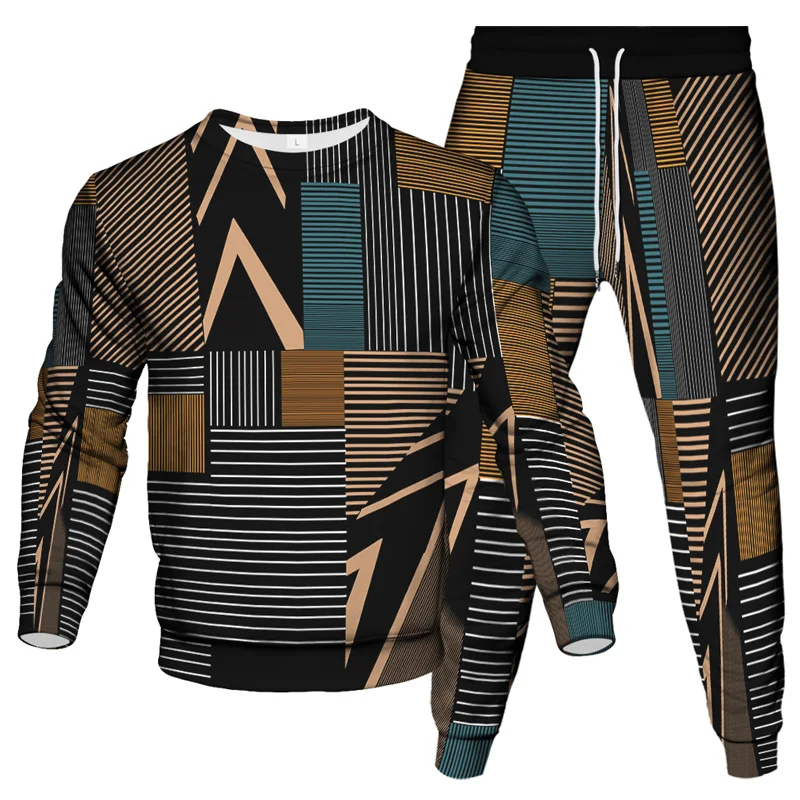 Men Vintage Style Tracksuit Geometric Houndstooth 3D Pattern Printed Clothes Sweatshirt Pants 2Pcs Women Outdoor Casual Set