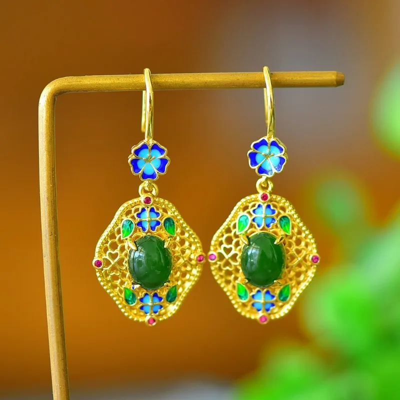

Copper Inlaid Natural Hetian Jade Jasper Enamel Colored Zirconium Fashion Earrings Light Luxury Women's Earrings