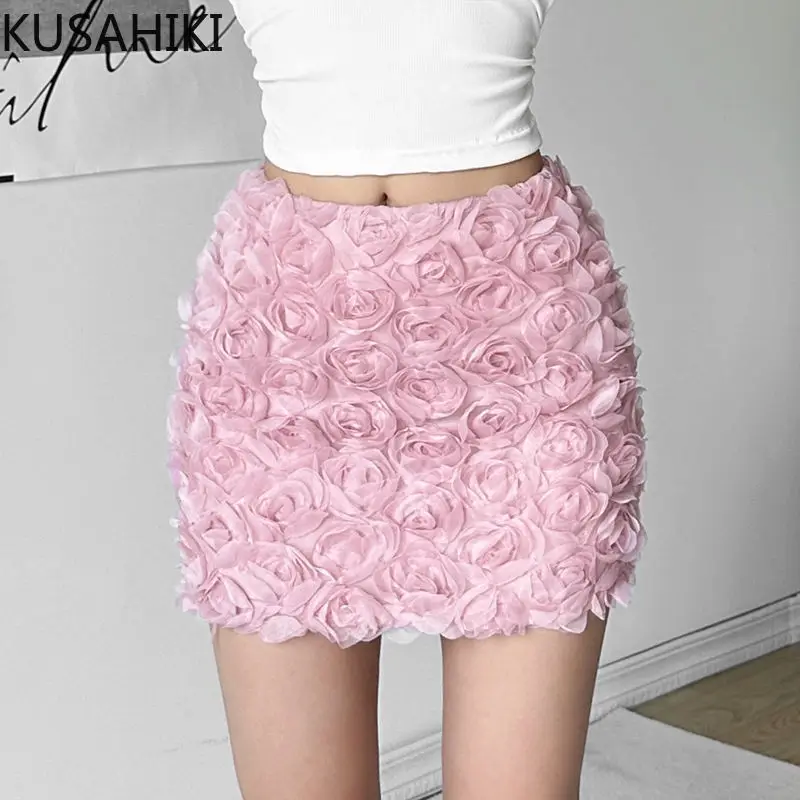 

KUSAHIKI Chic 3D Rose High Waisted Half Skirt for Women Slim Fitting Elegant Korean Spicy Versatile Hip Wrapped Y2k Skirts Mujer