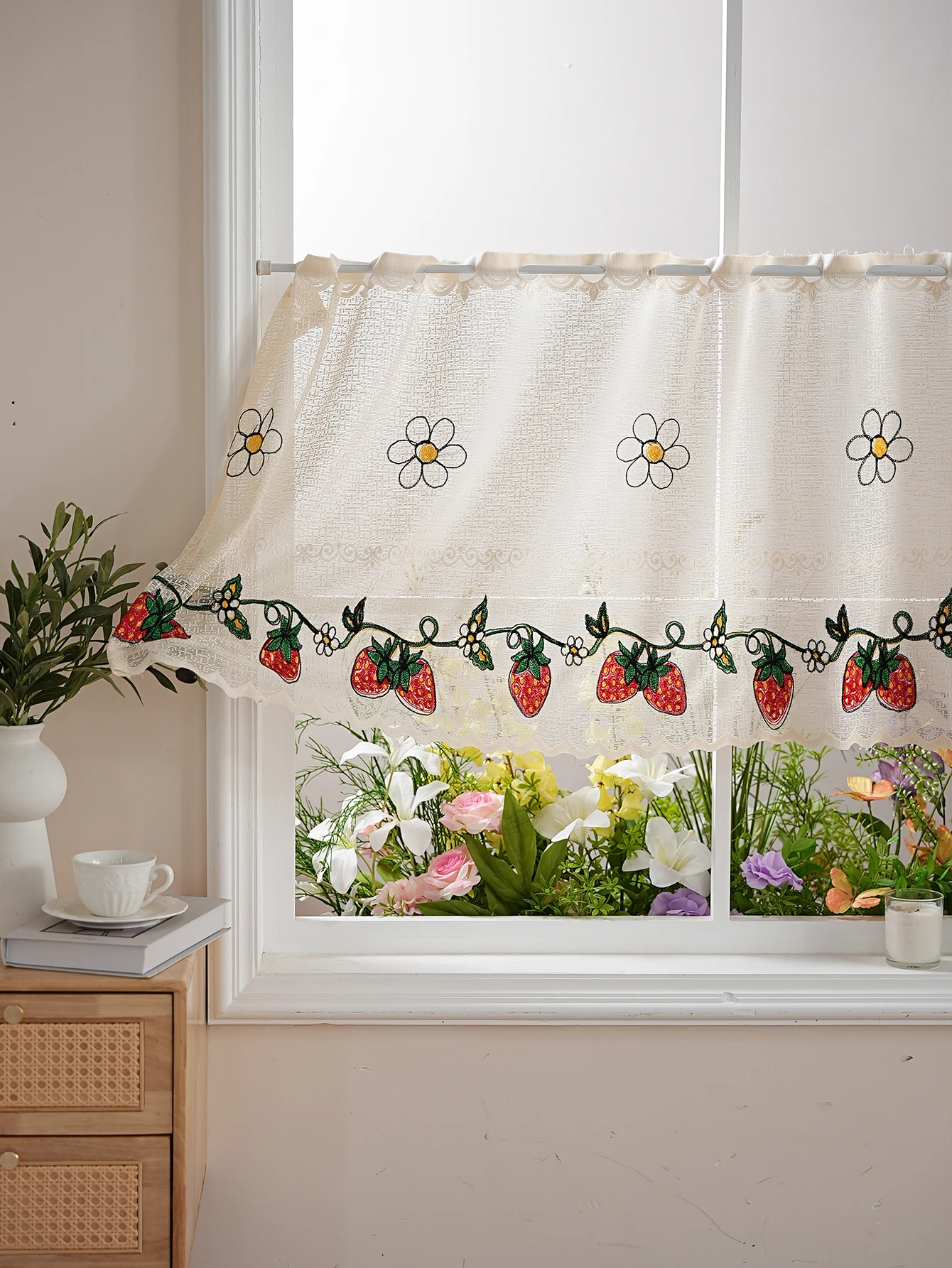 Small Fresh Strawberry Embroidery Short Drapery Living Room Bedroom Window Small Curtain Kitchen Cabinet Blocking Partition