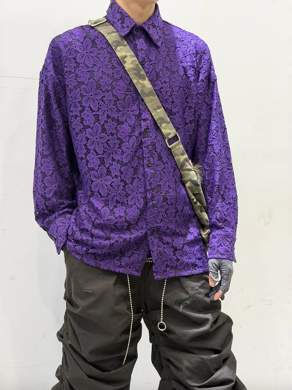 Wooster Eugene Purple Lace Long Sleeve Loose Fit Men's Shirt Vintage Style Casual Wear Polyester Fiber No Ironing Required