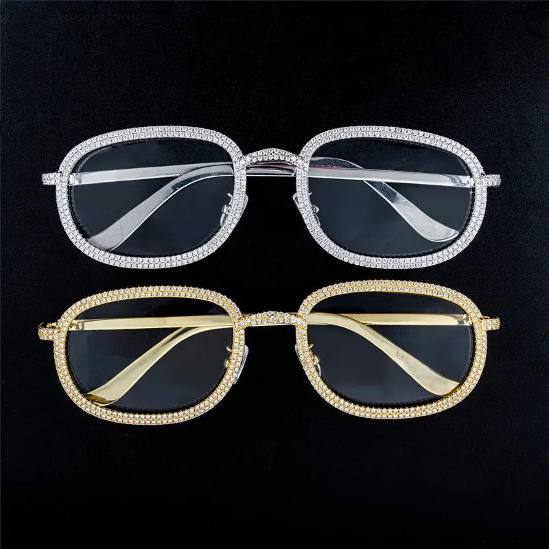 Personality Harf-Round Lens 5A Zircon Sunglasses Women Men Iced Double Rows Cubic Zirconia Eyeglass Copper Custom Jewelry Gift