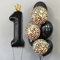 8Pcs 40inch Crown Black Number Balloons Leopard Print Round Ballons Happy Birthday Party Decorations Boy Men Baby Shower Globos