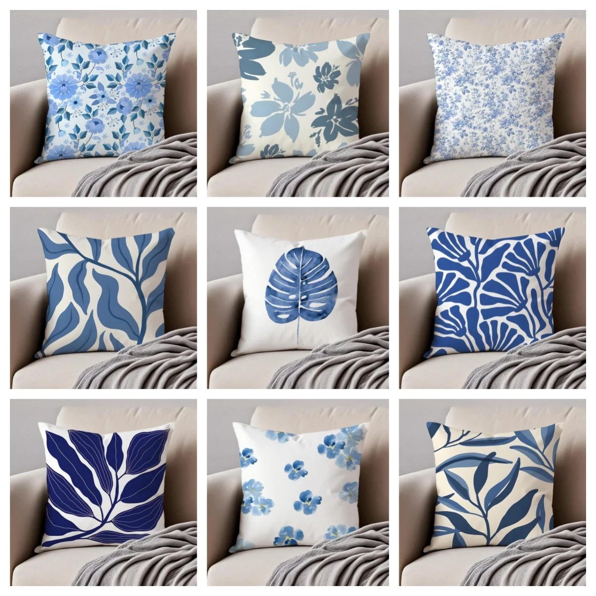 1pc Blue White Floral Pillow Cover, Polyester 2D Double-Sided Print, Nordic Green Plant Cushion Case, Decorative Throw Pillow fo