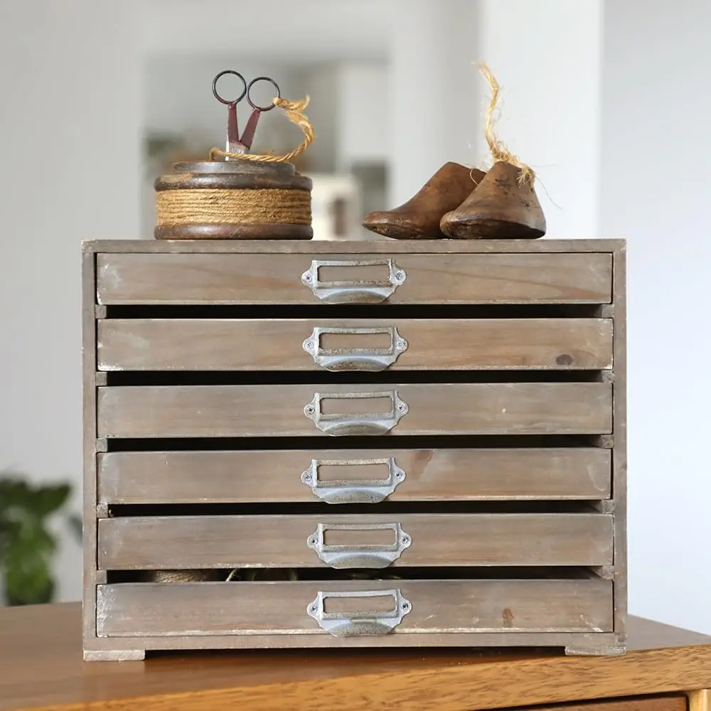

Vintage Wooden Storage Box Desktop Organizer Cabinet with 6 Drawers Rustic Farmhouse Distressed Decor Jewelry Cosmetics