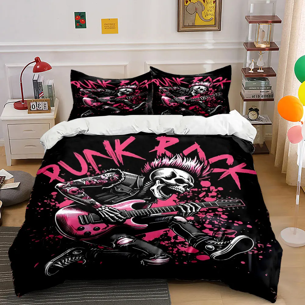 Punk Rock Skeleton Guitarist Printed Duvet Cover Set 1 Duvet Cover+2 Pillowcase Multi Size Bedroom Bedding Decor Luxury gifts