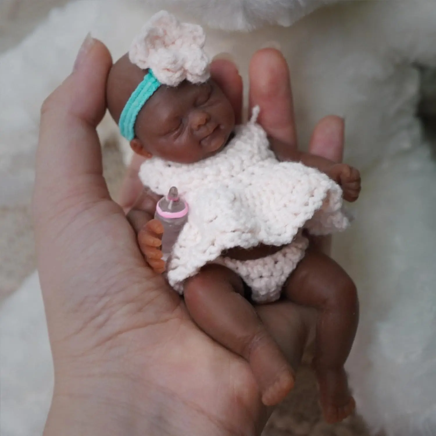 Mini Silicone Reborn Baby Doll 4.5 Inch Full Body Black Girl Emma with Feeding Accessories Collectible Infant Simulation Toy