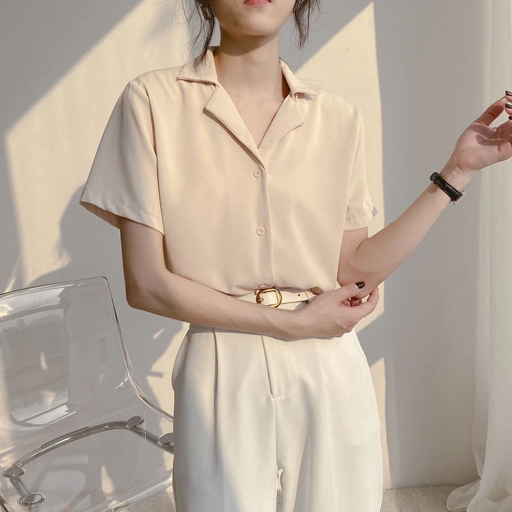 Women Summer Elegant Solid Chiffon Blouses Casual Turn Down Collar Short Sleeve Loose Shirts Korean Chic Top Female Tunic