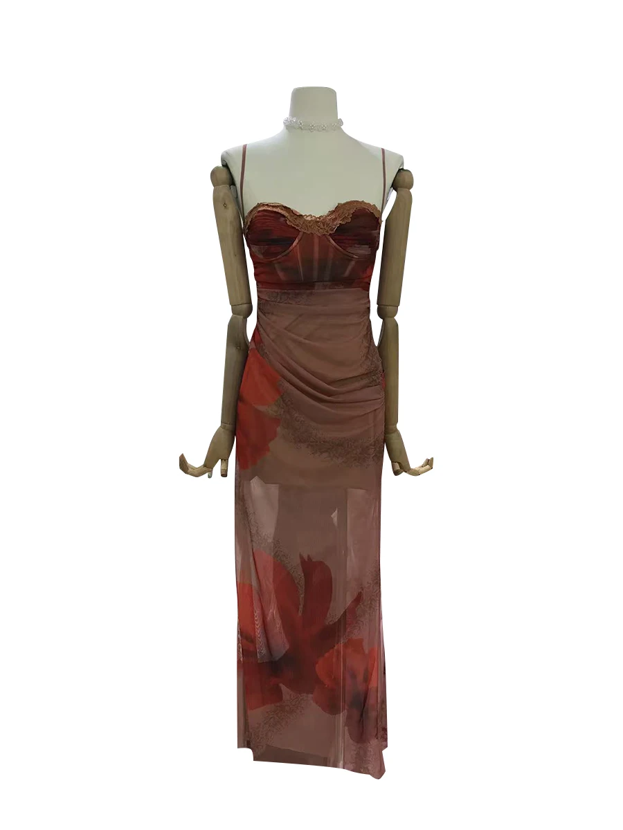 TWOTWINSTYLE Hit Color Slimming Printing Sexy Dresses for Women Strapless Spaghetti Strap Tunic Sheer Spliced Lace Dress Female