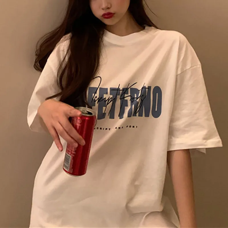 

White T-shirt Women Spring Summer New Korean Style Hong Kong Style Retro Printed Student Mid-length Top Bottoming