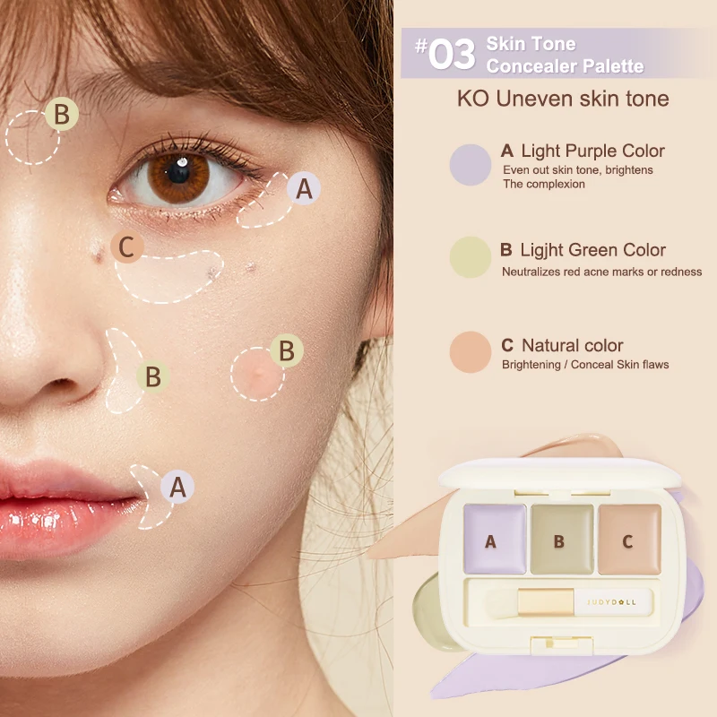 Judydoll 3-Color Concealer Palette, Full Coverage, Conceals Blemishes, Acne Marks, Dark Circles, Long-Lasting, Smooth Finish