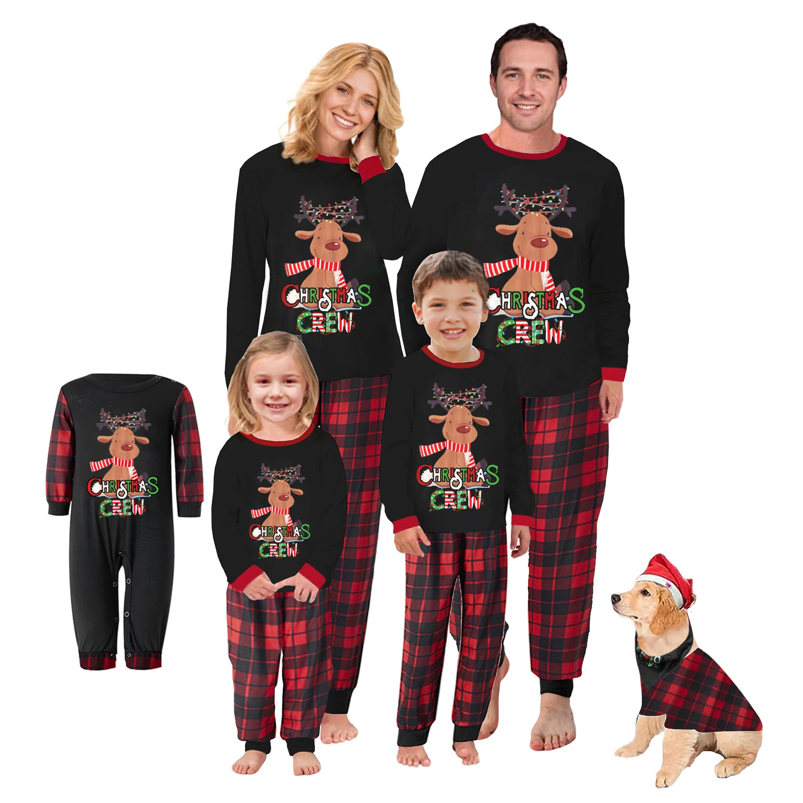 Christmas Matching Pajamas Elk Print Long Sleeve Shirt and Plaid Pants Set Loungewear Soft Sleepwear