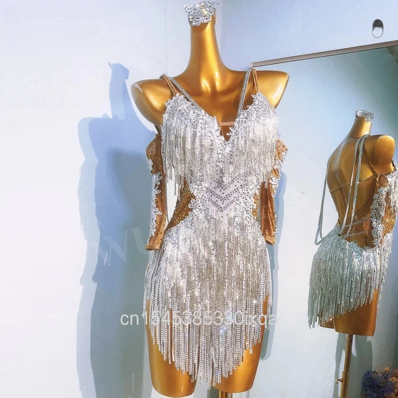 Latin Dance Dresses Customize High-end Luxury AB Stones Tassel Dress Cha Cha Samba Rumba Competition Clothing