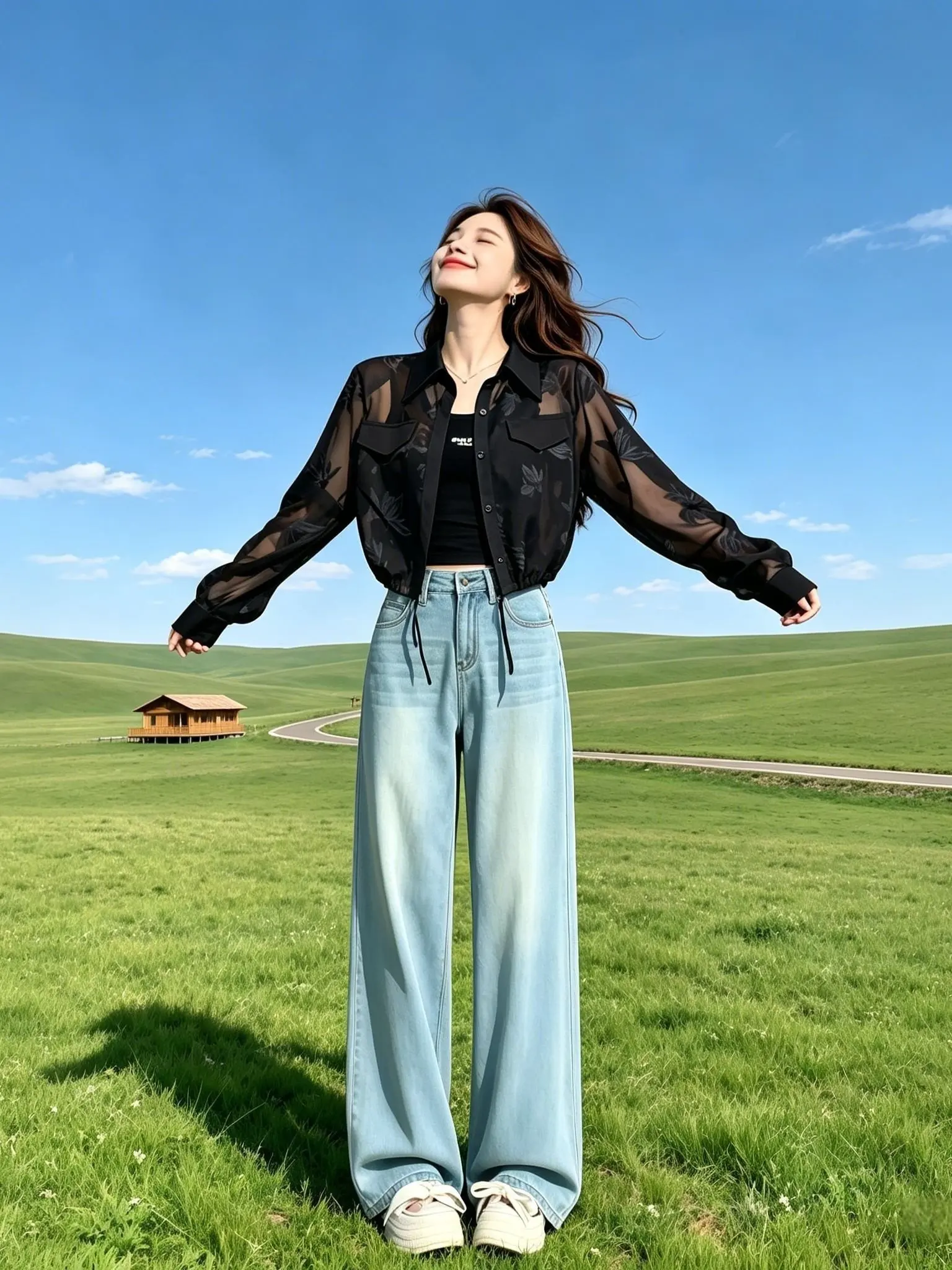 

Slimming Casual Loose Long Sleeve Women's Shirt Commute Style Korean Version Printed Neck Cardigan Daily Wear Summer 2026
