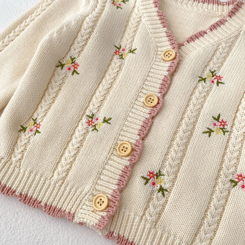 New autumn baby clothing, versatile cotton yarn, 0-3-year-old girl baby small floral embroidered long sleeved knitted jacket