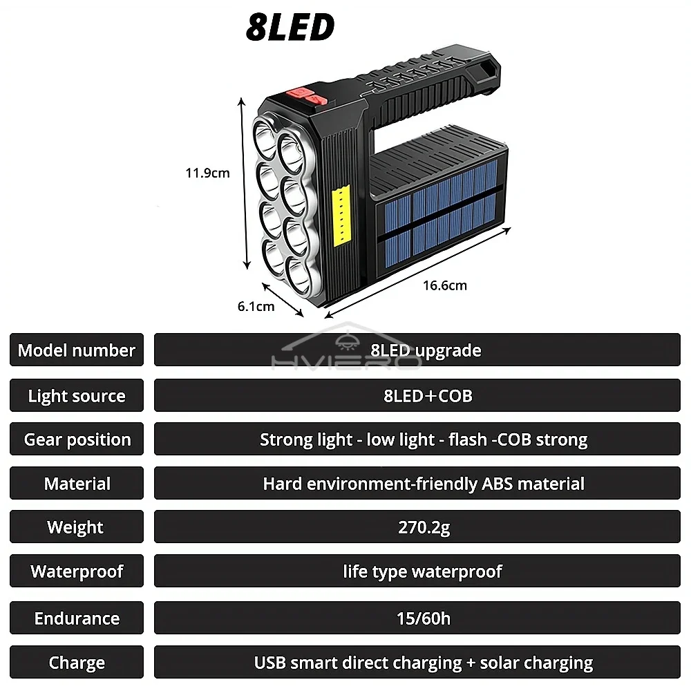 Multifunctional Solar LED Flashlight Emergency Rechargeable Outdoor Waterproof Household COB Powered 8led Portable Searchlight