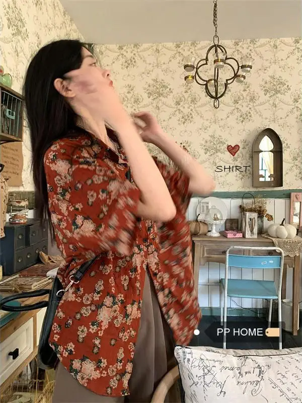 

Retro Hong Kong Sle Floral Print ort Sve Loose Fit Collar Women's Casual irt Summer 2025 New plus Size Slimming...