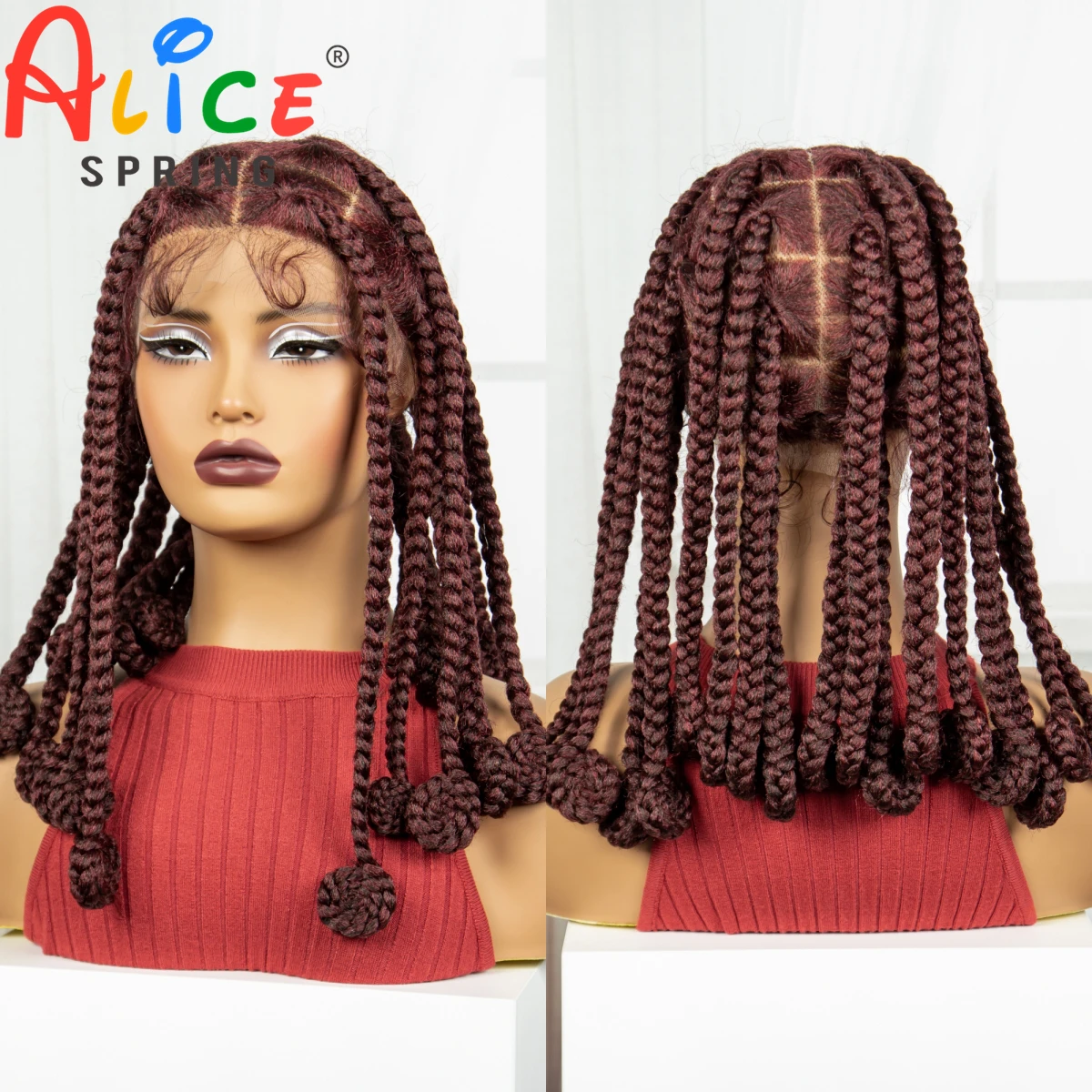 

Burgundy 12 Inch Synthetic Braided Wigs Transparent Full Lace Hair Wigs Bantu Knotless Box Braids with Baby Hair for Black Women